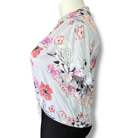 Candies Womens Crop Top Collared Button Down Tie Front Short Sleeve Floral Large - Picture 5 of 11